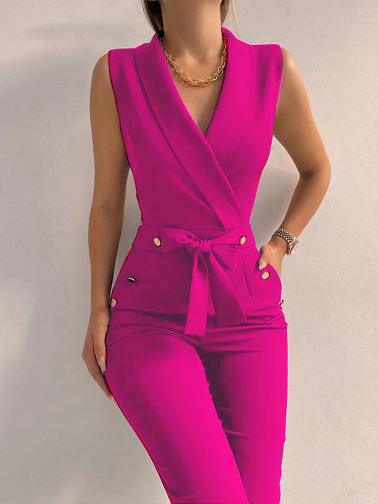 Women Casual V Neck Jumpsuits Button Lace Up Sleeveless Wide Leg Pants Streetwear Overalls Jumpsuit Women