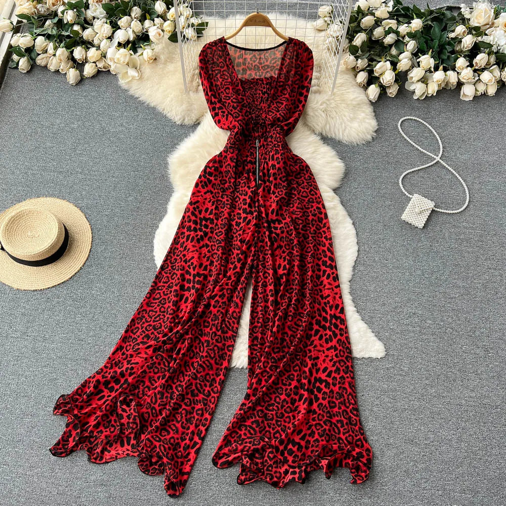 Summer Leopard Print Sleeveless Jumpsuit Women Casual Loose Rompers And Playsuits Wide Leg Pants Overalls Female Outfit