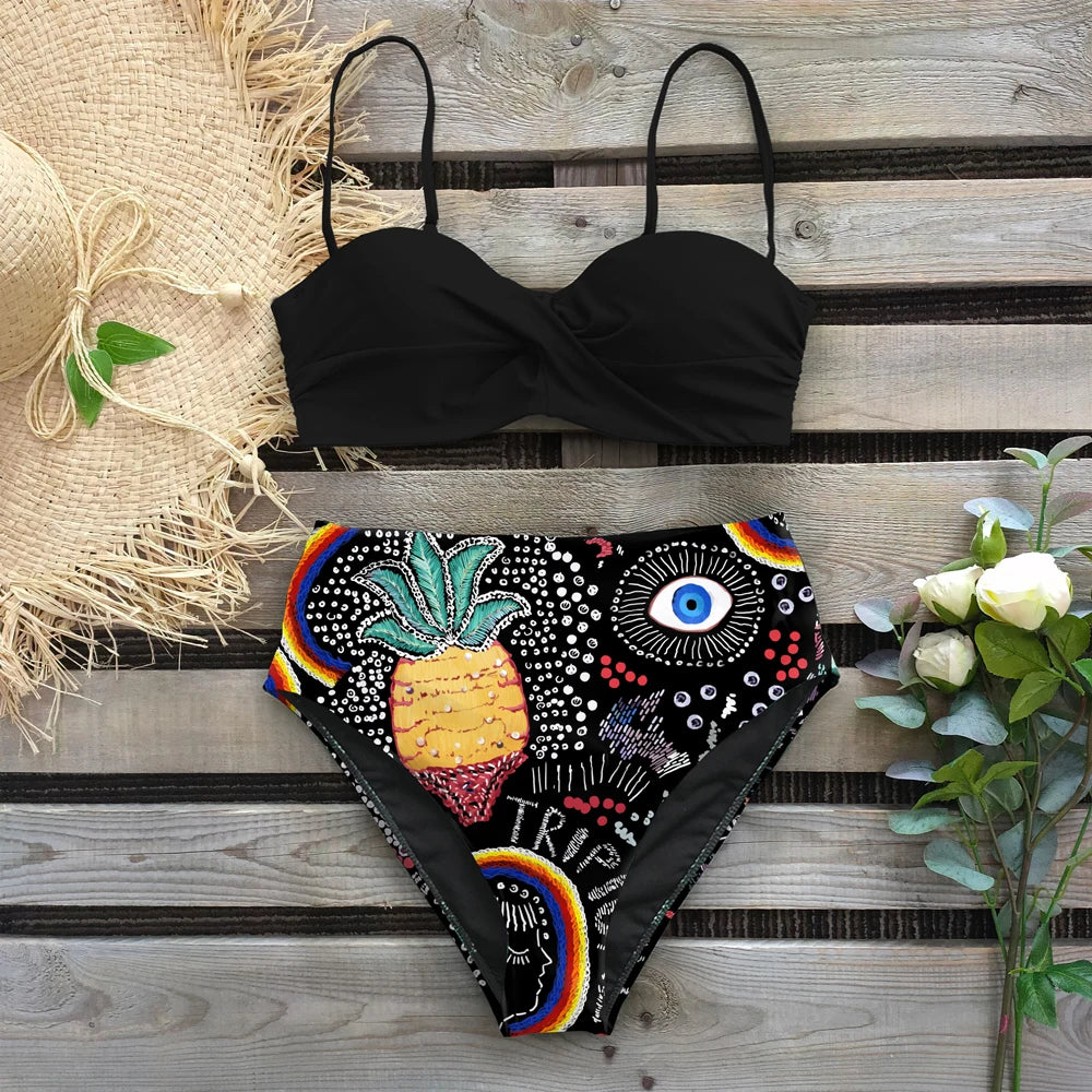 Sexy Leaf Print Bikini 2024 Female Swimsuit Women Swimwear Thong Push Up Bikinis Set High Waist Swimming Suits for Bathing Suit