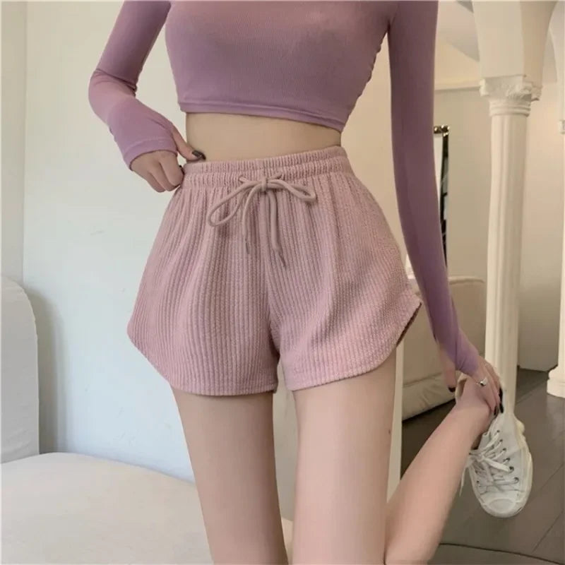 Women Shorts Summer High Elastic Lace Up Drawstring Sleep Bottoms Fitness Running Simple Home Safety Underwear Cool Comfortable