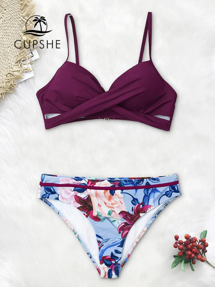 CUPSHE Push Up Floral Wrap Bikini Sets Women Sexy Thong Two Pieces Swimsuits 2023 New Girl Beach Bathing Suits Swimwear