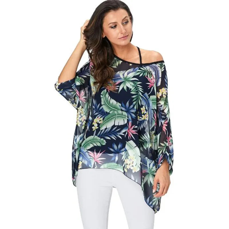 Fashion leaves print O-neck chiffon blouse Women half Sleeve Beach shirt summer top Loose Bohemian Casual Boho Cover Up