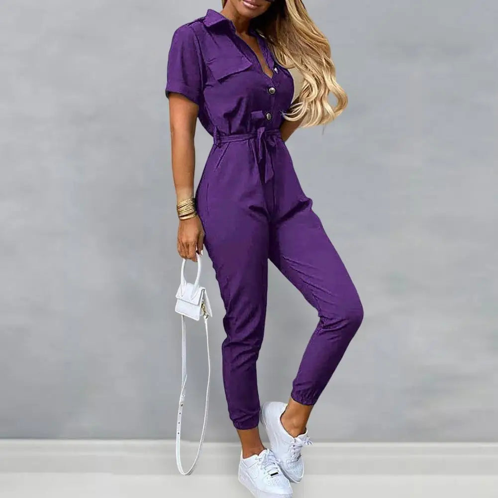 Lady Jumpsuit Belted Lapel Short Sleeve Women Jumpsuit Button Down Elastic Leg Opening Comfortable Summer Casual Jumpsuit