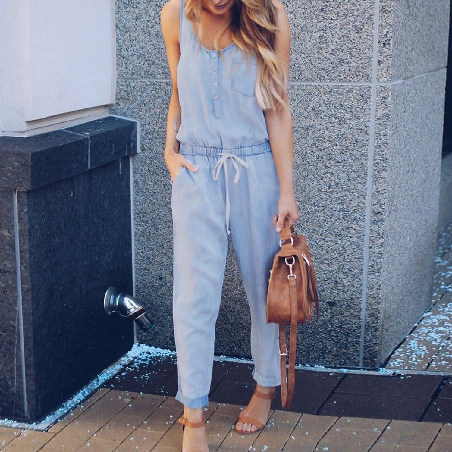 Women Casual Sleeveless Tank Jumpsuit Demin Jeans Beach Strappy Button Rompers With Pockets Jumpsuit Bodysuit Long Sleeve Women