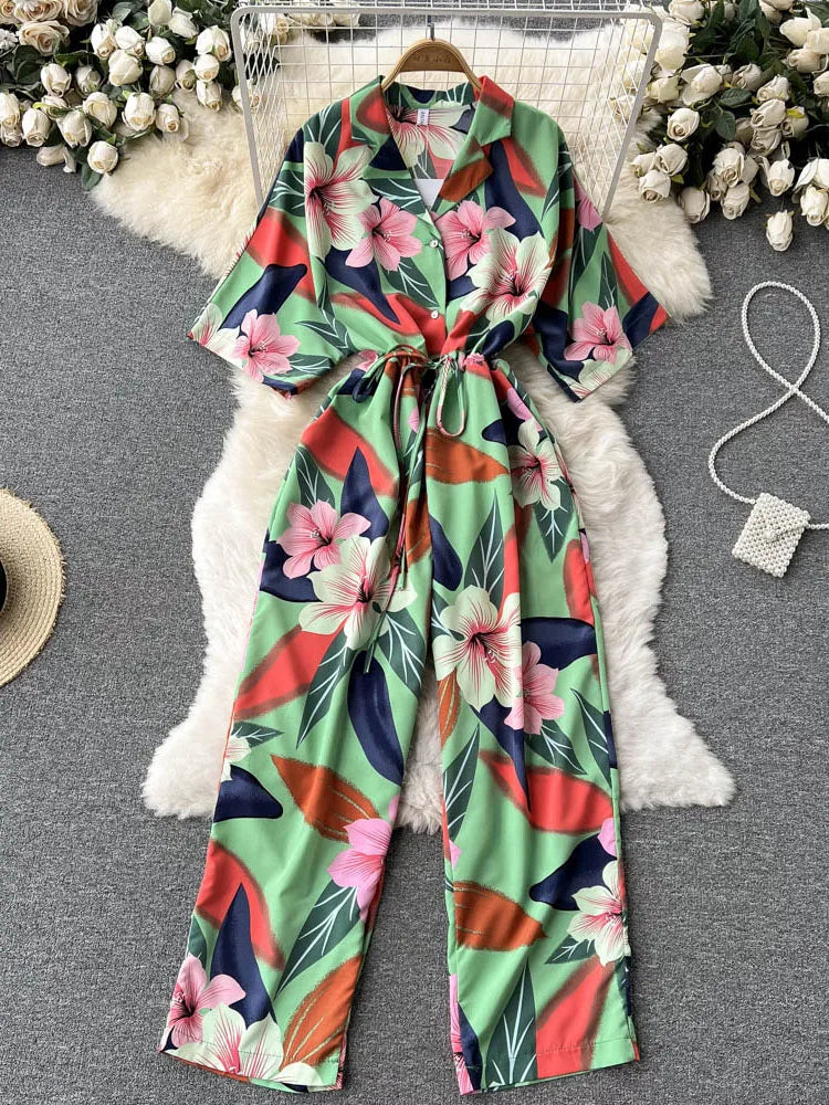 Women European and American V-neck short-sleeved lace-up waist slim straight-leg loose printed long wide-leg jumpsuit D0669