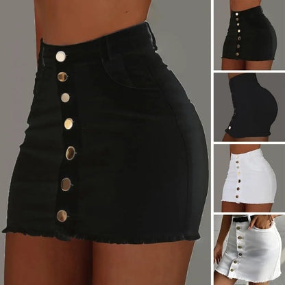 Women High Waist Denim Skirt Buttons Fly Pockets Design Hip Wrapped Mini Skinny Skirt Streetwear