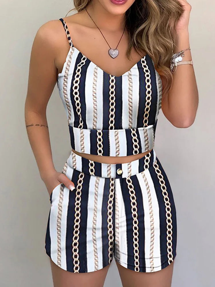 Print Spaghetti Strap Crop Top &amp; Short Sets Casual Summer 2 Piece Outfits for Women