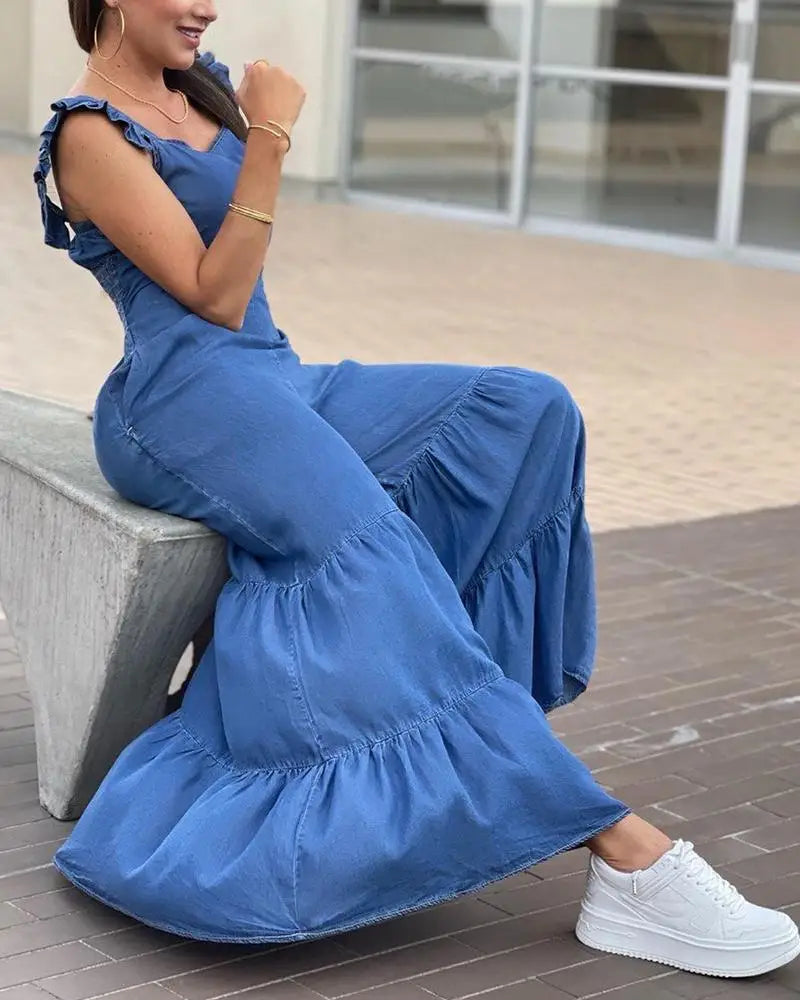 Women Solid Elegant Flying Sleeves Flare Pants Sexy Denim Pants Jumpsuit