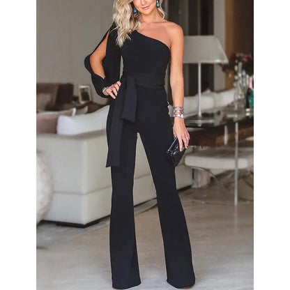 Ladies Elegant Jumpsuit  Spaghetti Straps V-Neck Solid Embroidered Lace Open Back Wide Leg Jumpsuit Long Jumpsuit Black White