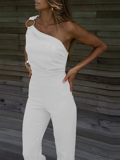 Sexy Backless Sleeveless Jumpsuit Summer Women Elegant Diagonal Collar One Shoulder Playsuits Fashion Solid Slim Ladies Rompers