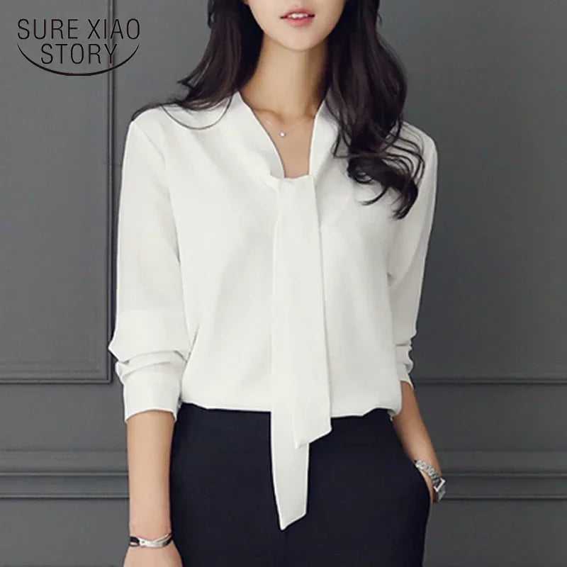 Long Sleeve Bow Tie Shirt Spring and Autumn New Fashion Women Clothing Loose Chiffon Shirt Women&