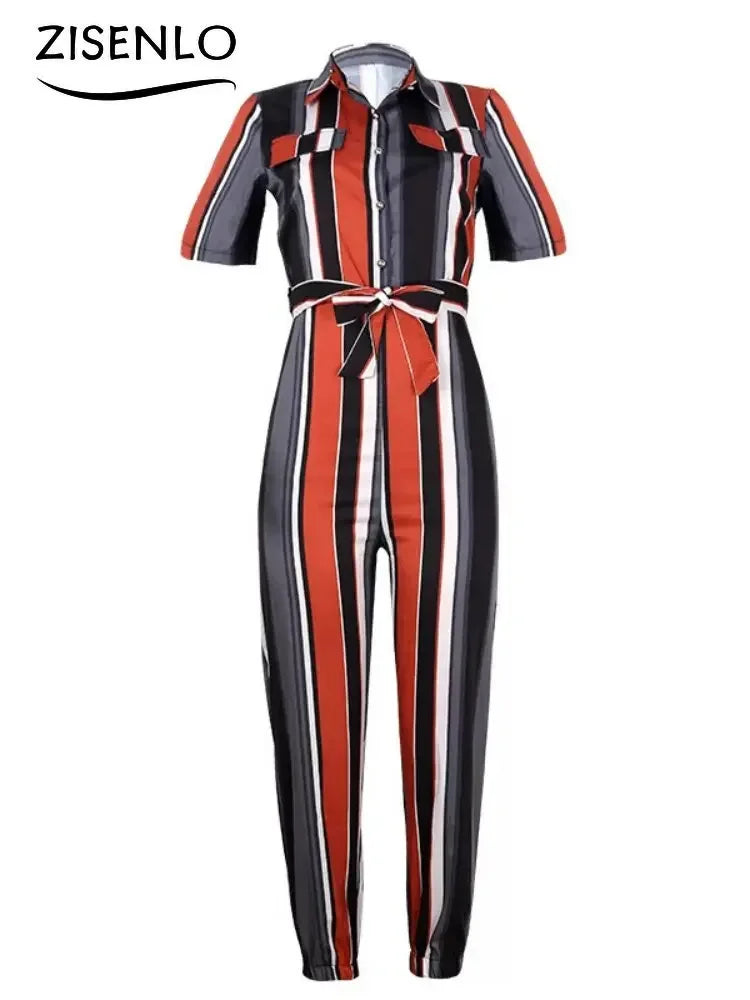 Overalls for Women Casual Lapel Lace-up Print Belt Work Jumpsuit Women One Pieces Bodysuit Women Chic and Elegant Long Jumpsuits