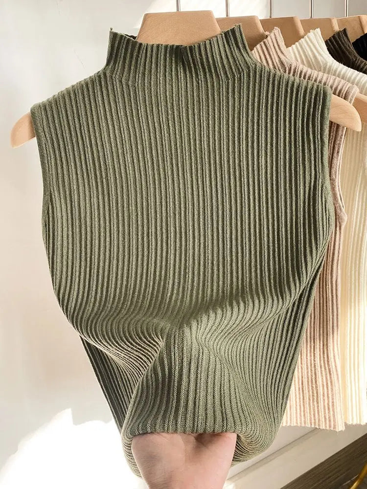 Spring/summer New Shoulder Cropped Sleeveless Top Half-turtleneck Knit Tank Top Women&