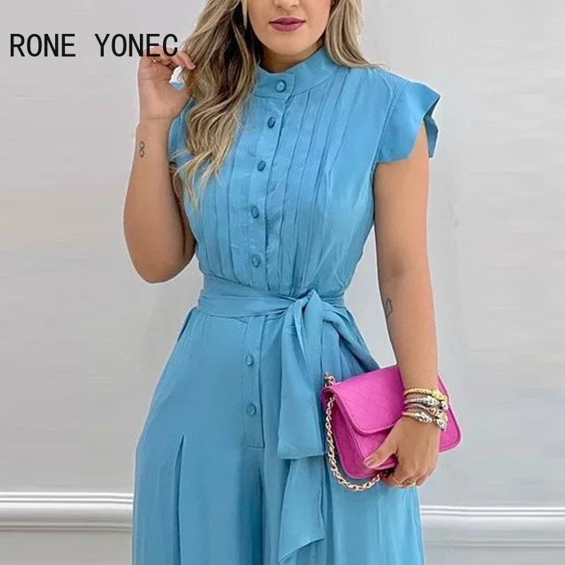 Women Elegant Button Sashes Short Flying Sleeves Folds  Straight Leg Casual Working Jumpsuit