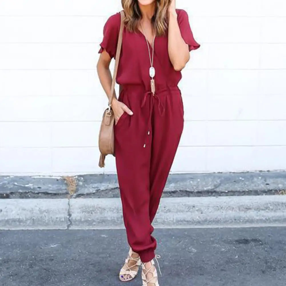 Stylish Jumpsuit Ankle Length Summer Romper Simple Elastic Waist Short Sleeves Summer Jumpsuit  Elegant