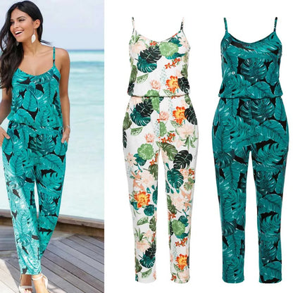 Women Jumpsuits Sexy Slip Sleeveless Pocket Floral Print Overalls Female Pocket Jumpsuits XXQQ-8896