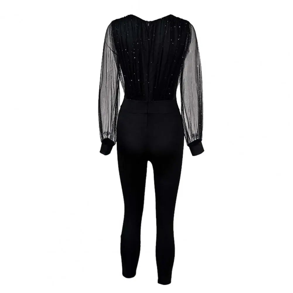 Deep V Neck Mesh Long Sleeve Jumpsuit One Piece Overall Women Jumpsuit Black Elegant Sequins Glitter Party Night Sexy Bodysuits