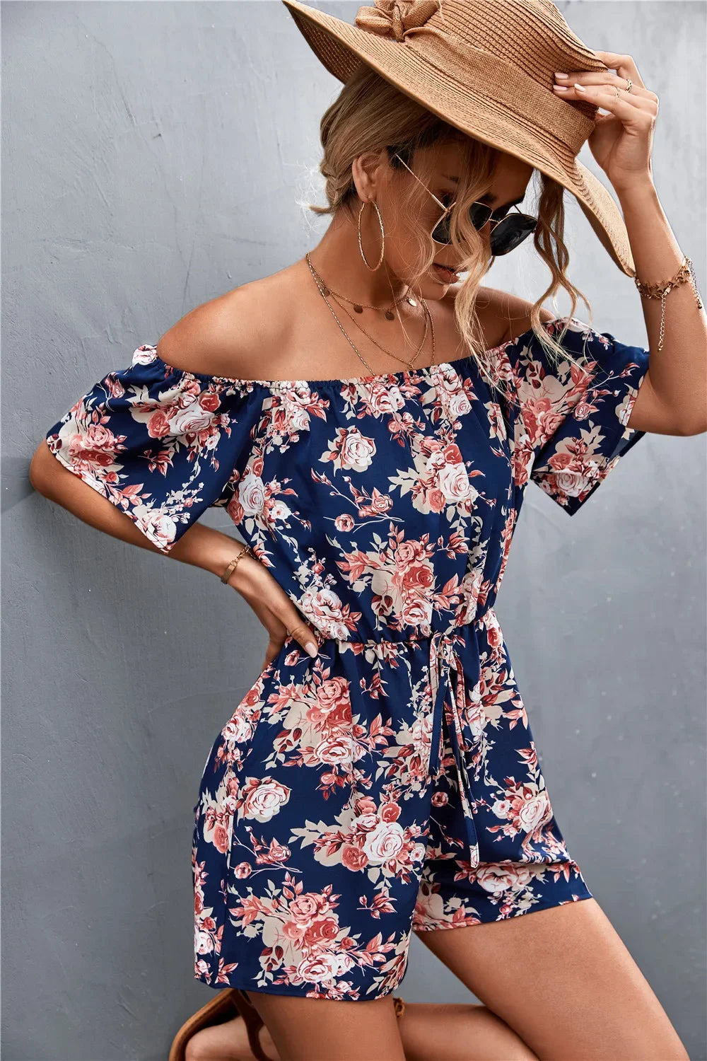 Summer Woman Playsuits Flowers Printed Sexy Off Shoulder Slim Romper Jumpsuit Women Short Sleeve Holiday Beach Playsuit