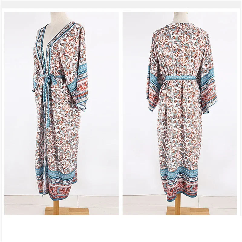 Floral Print Long Maxi Kimono Cardigan Women Beach Bikini Cover Up Tunicas Kaftans Femininos Holiday Boho Cover-ups Beachwear