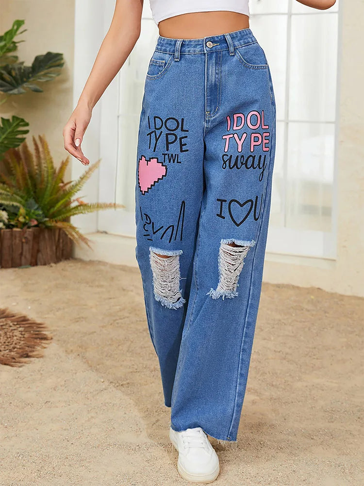 Women Streetwear Wide Leg Baggy Ripped Graffiti Jeans Lady Y2K Loose Hole Denim Blue Pants Punk Straight Leg Heart Trousers