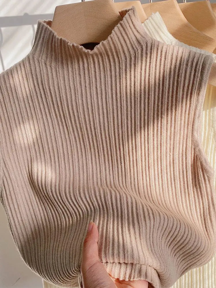 Spring/summer New Shoulder Cropped Sleeveless Top Half-turtleneck Knit Tank Top Women&