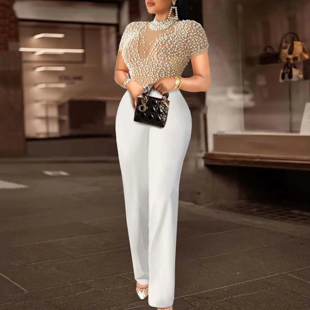 Elegant Jumpsuits &amp; Rompers for Women O Nec Short Sleeve Beaded High Waisted Luxury Female Birthday Dinner Party Overalls Outfit