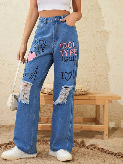 Women Streetwear Wide Leg Baggy Ripped Graffiti Jeans Lady Y2K Loose Hole Denim Blue Pants Punk Straight Leg Heart Trousers