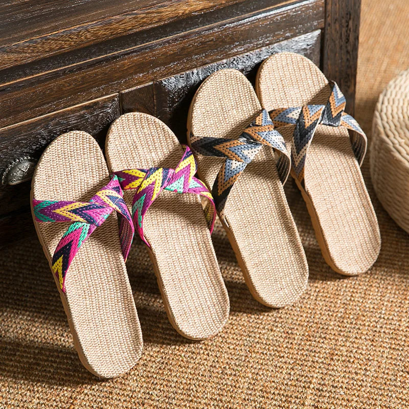 Mntrerm New Candy Color Flax Home Slippers Striped Cut-outs Summer Indoor Slippers Flats Soft Cool Women Linen Slipper