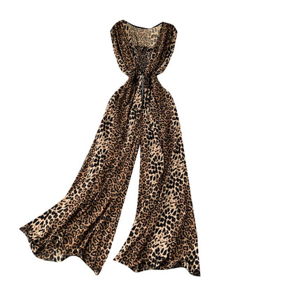 Summer Leopard Print Sleeveless Jumpsuit Women Casual Loose Rompers And Playsuits Wide Leg Pants Overalls Female Outfit