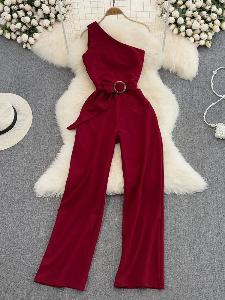 EWQ Sweet Style Women Jumpsuits Diagonal Collar Lace-up Sleeveless Solid Color High Waist Jumpsuit Spring Summer 2024 New SN0530