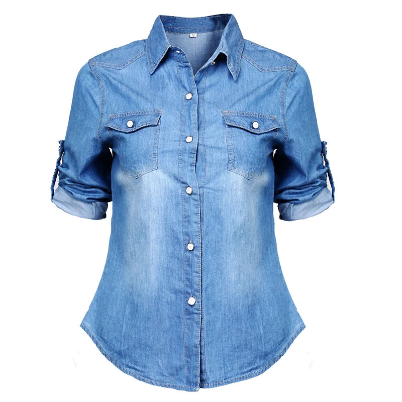 women fashion blue denim shirts women girls autumn casual long sleeve solid blue two pockets cotton blend tops