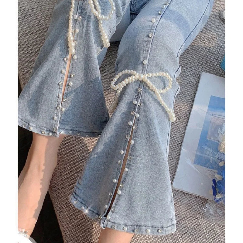 High Waist Jeans Female Xia Xianshou 2021 New Korean Fashion Xiangao Versatile Heavy Industry Split Pin Bead Flared Pants