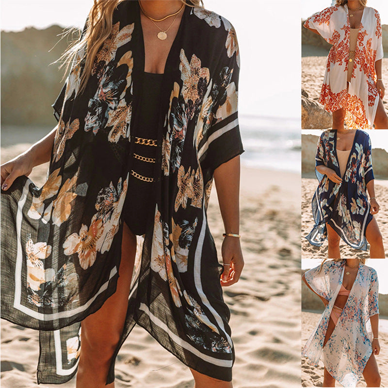 Summer Mid-length Slit Print Loose Beach Cover Sun Protection Shirt