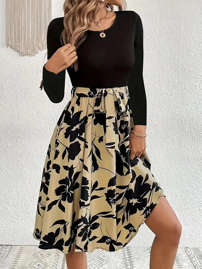 Floral Print Long Sleeve Dress Fashion Round Neck Tie Slim Dress Women&