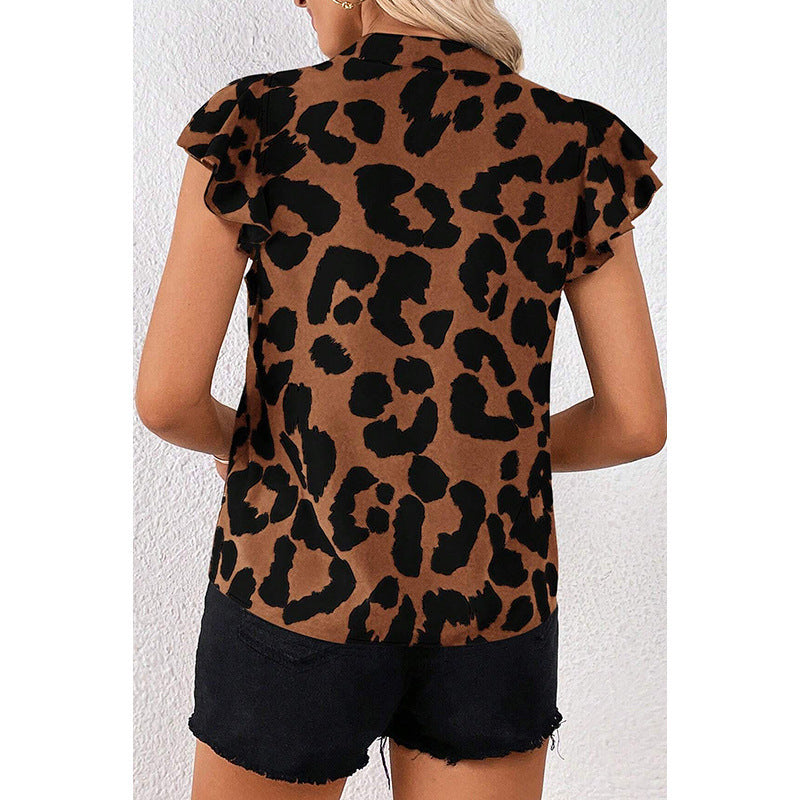 Leopard Print Pullover Chiffon Shirt Contrast V-neck Drop Shoulder Short Sleeve