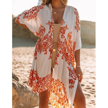 Summer Mid-length Slit Print Loose Beach Cover Sun Protection Shirt