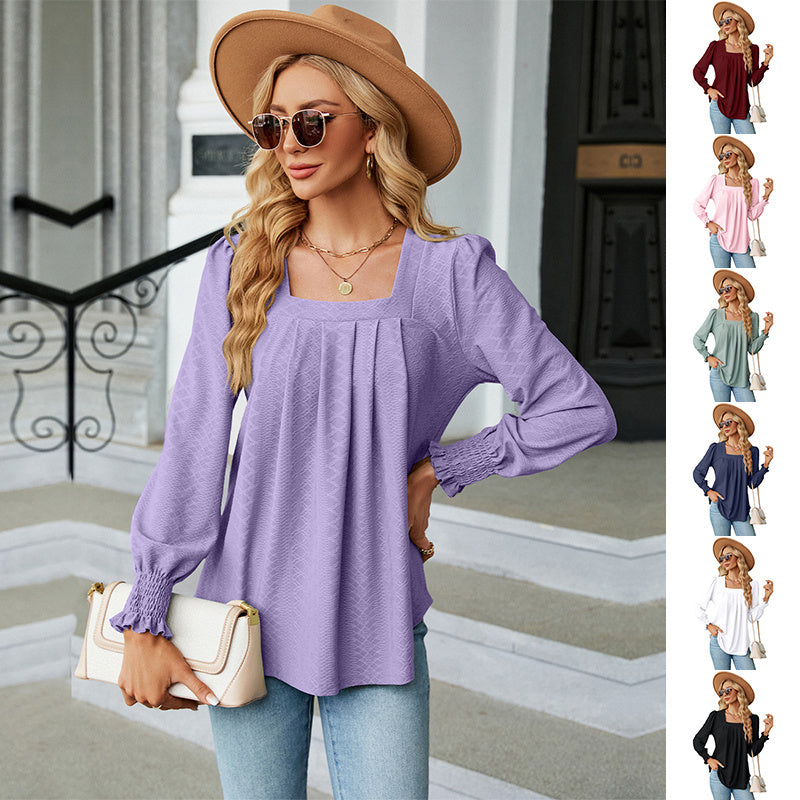 New Jacquard Pleated Square Neck T-shirt Fashion Solid Color Long Sleeve Pullover Tops Womens Clothing