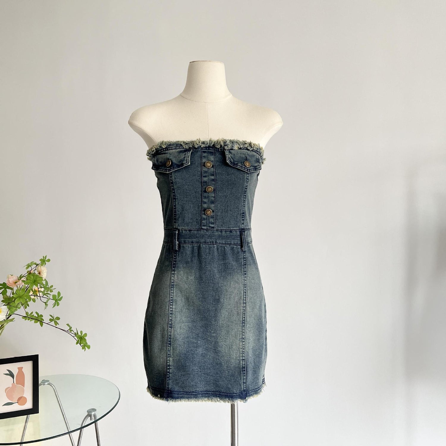 Design Waist-tight Tube Top Raw Edge Denim Dress