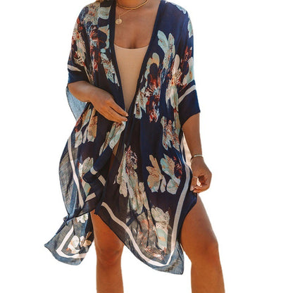 Summer Mid-length Slit Print Loose Beach Cover Sun Protection Shirt