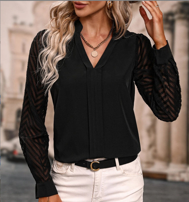 Early Autumn V-neck Lace Stitching Long-sleeved Shirt