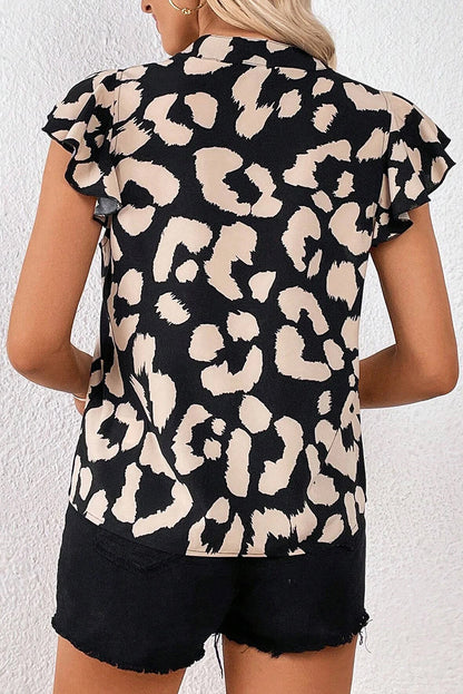 Leopard Print Pullover Chiffon Shirt Contrast V-neck Drop Shoulder Short Sleeve