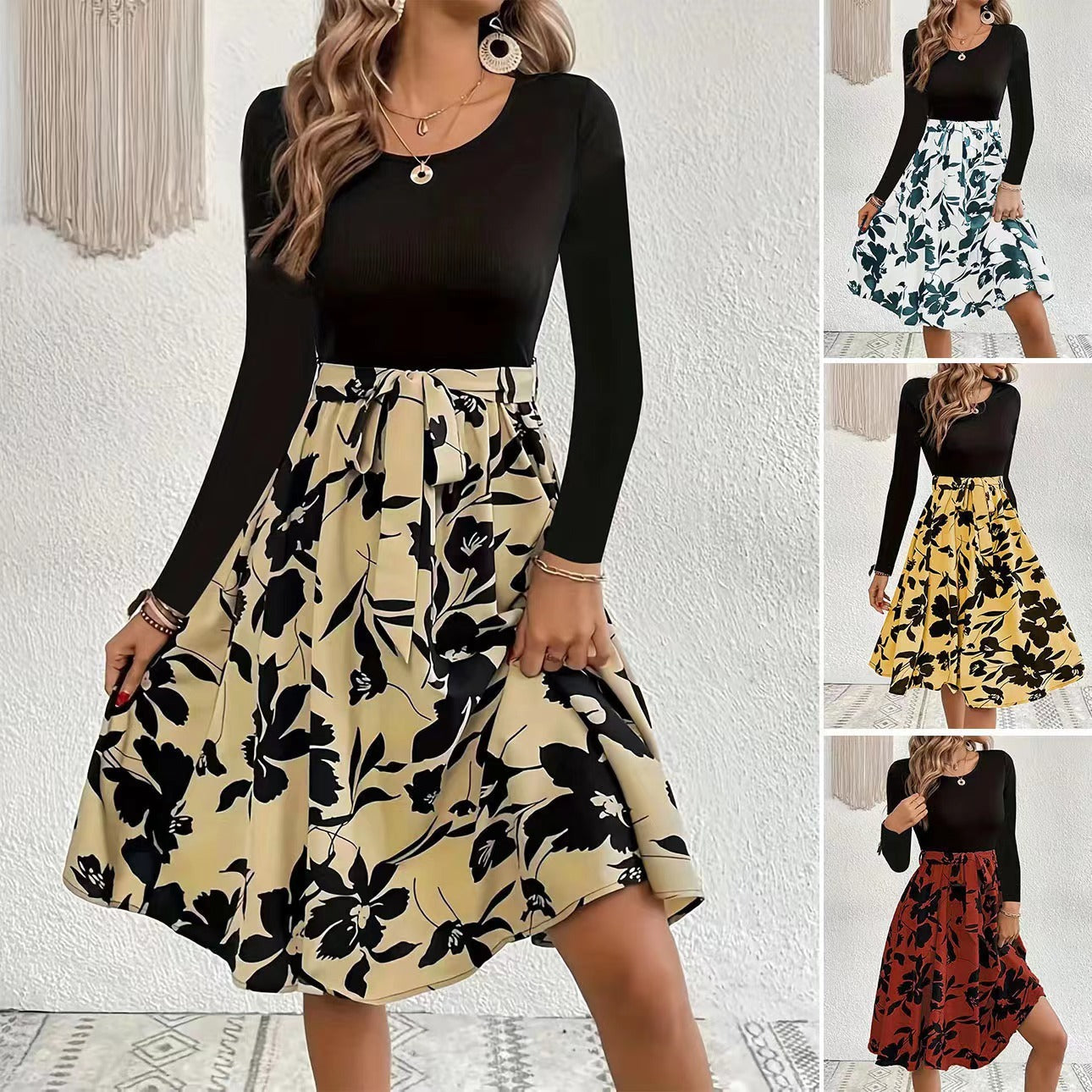 Floral Print Long Sleeve Dress Fashion Round Neck Tie Slim Dress Women&