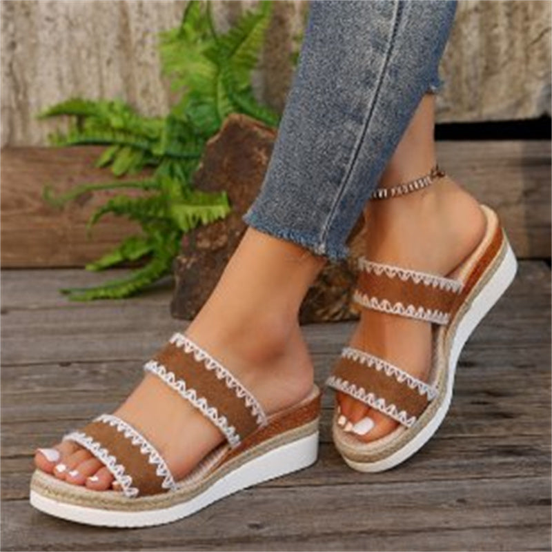 New Hemp Rope Woven Wedge Slippers Summer Ethnic Style Sandals Double Wide Strappy Shoes For Women