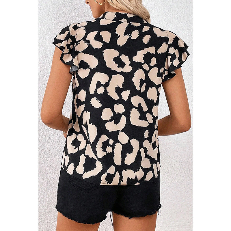 Leopard Print Pullover Chiffon Shirt Contrast V-neck Drop Shoulder Short Sleeve