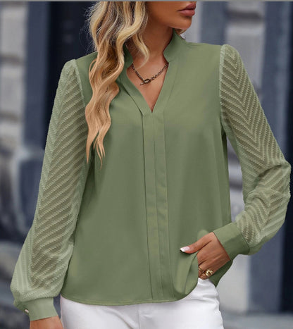 Early Autumn V-neck Lace Stitching Long-sleeved Shirt